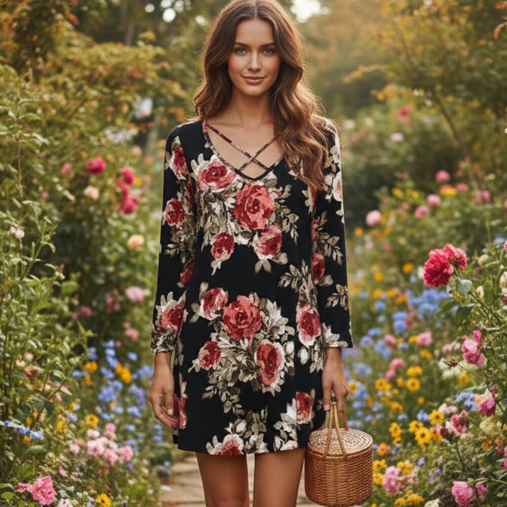 Jodifl M Womens Black Floral Soft Knit Strappy Mini Dress Boho Coastal Cottage
